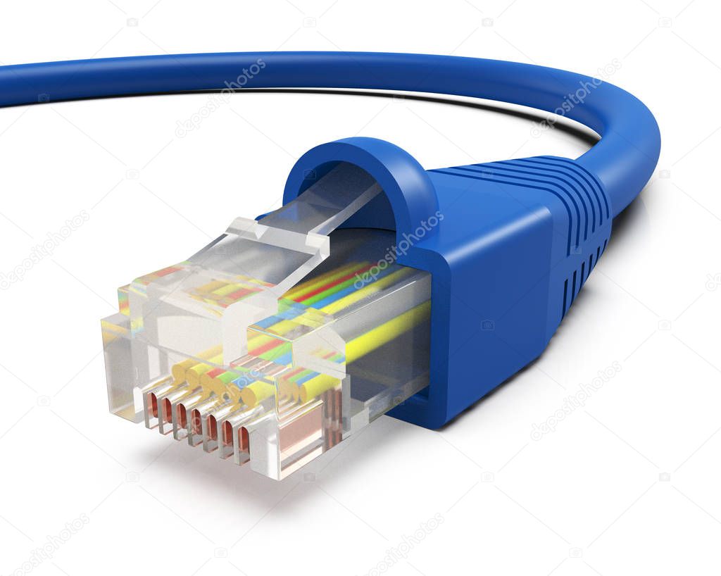 Blue ethernet connection cable isolated on white background, 3D rendering