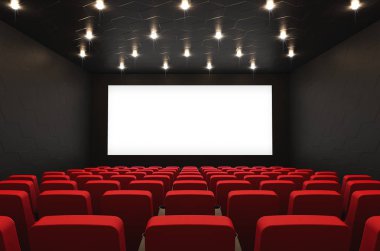 Boş ekran ve kırmızı koltuk, 3d render ile boş sinema salonu
