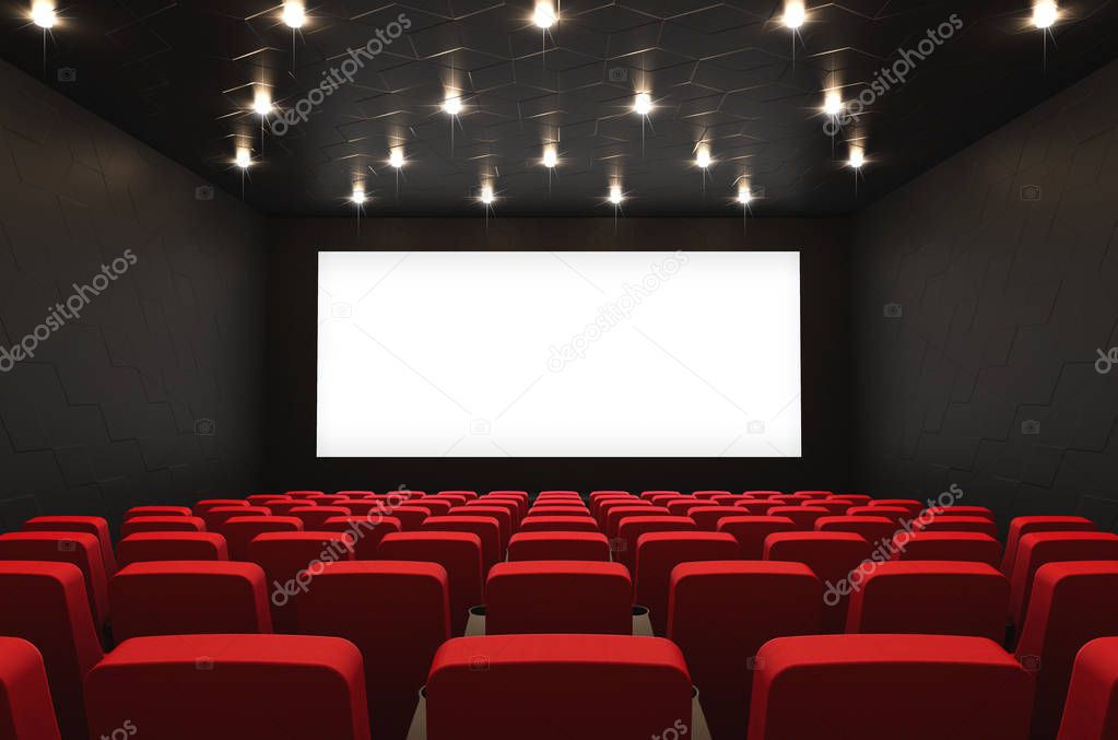 Empty cinema hall with blank screen and red seats, 3D rendering