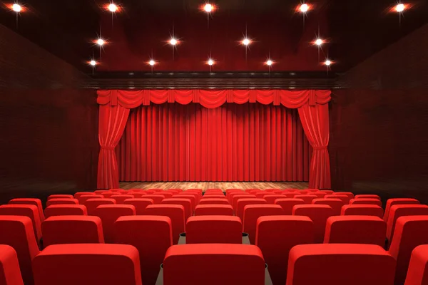 Sala Teatro Vazia Com Palco Cortina Vermelha Assentos Renderização — Fotografia de Stock