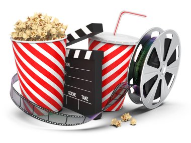 Patlamış mısır içki, film makaraları ve sinema ile alkış izole üzerinde beyaz arka plan, 3d render