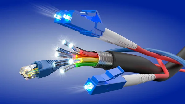 Nätverk Kabel Och Optisk Fiber Kabelanslutning Rendering — Stockfoto