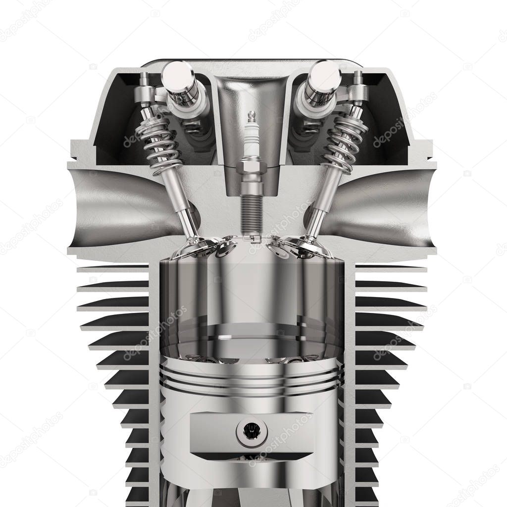 Engine with pistons, cylinder and spark plug, isolated on white background 3D rendering