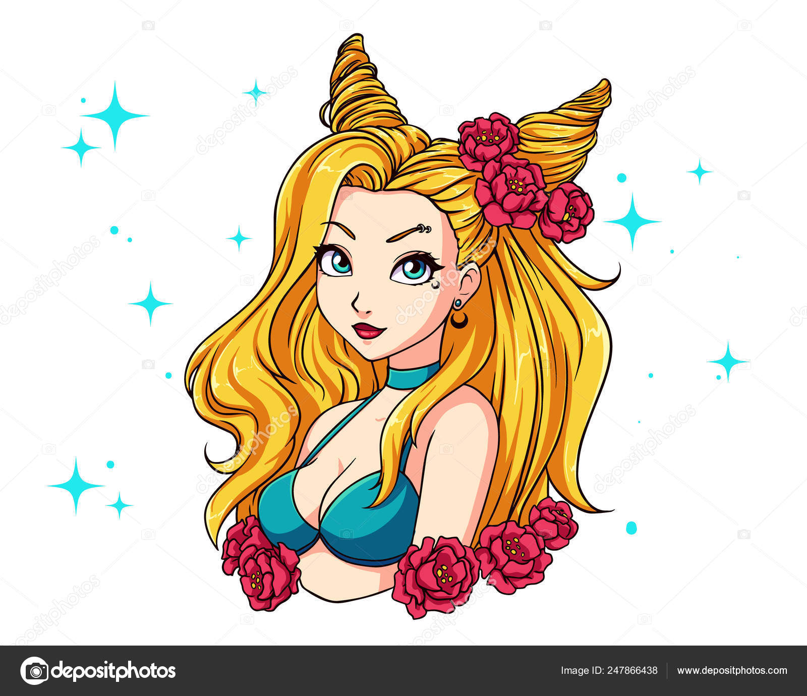 Pretty Cartoon Girl With Wavy Blonde Hair Wearing Blue Swimsuit