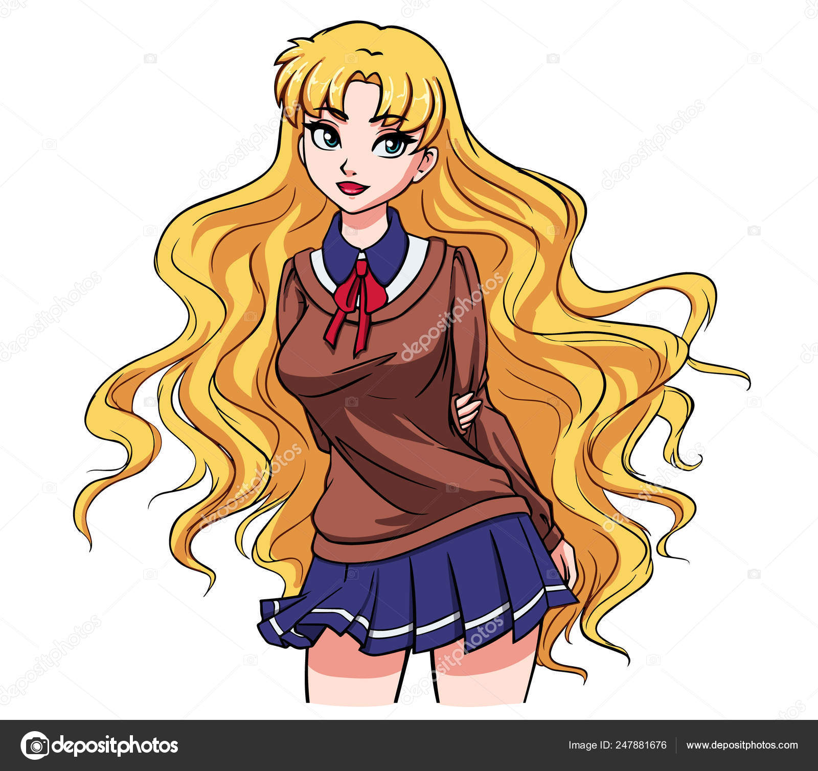 Cute Cartoon School Girl With Wavy Blonde Hair And Big Blue Eyes
