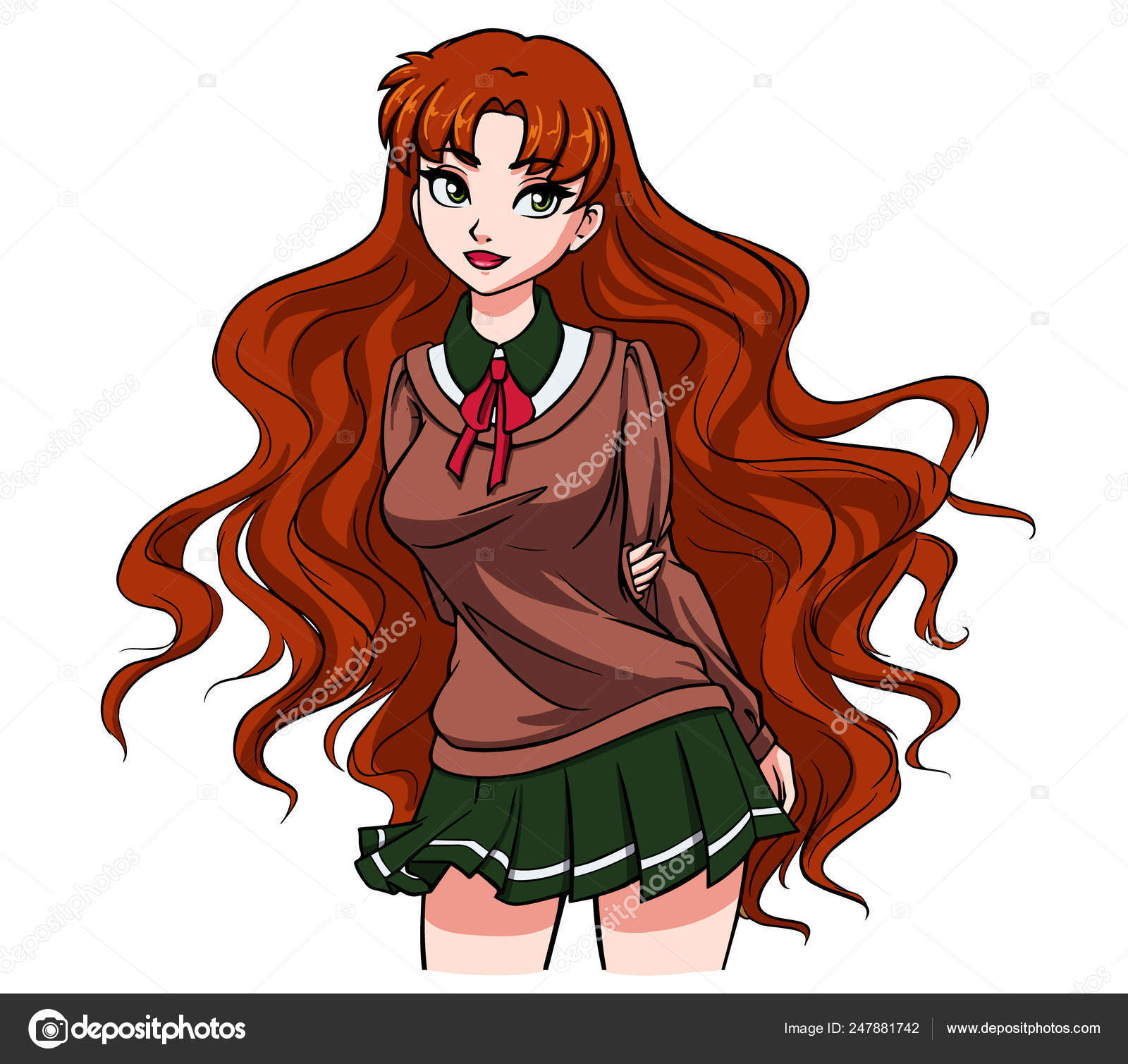 Cute Cartoon School Girl With Wavy Red Hair And Big Green Eyes
