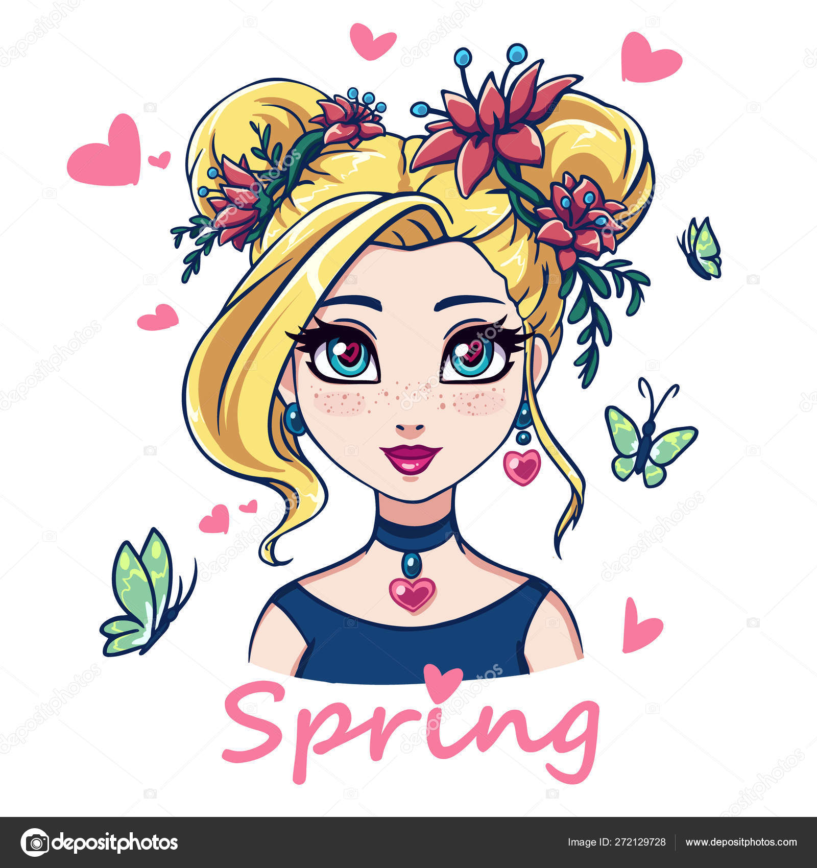 Pretty Cartoon Girl Portrait Big Blue Eyes Blonde Hair And Pink