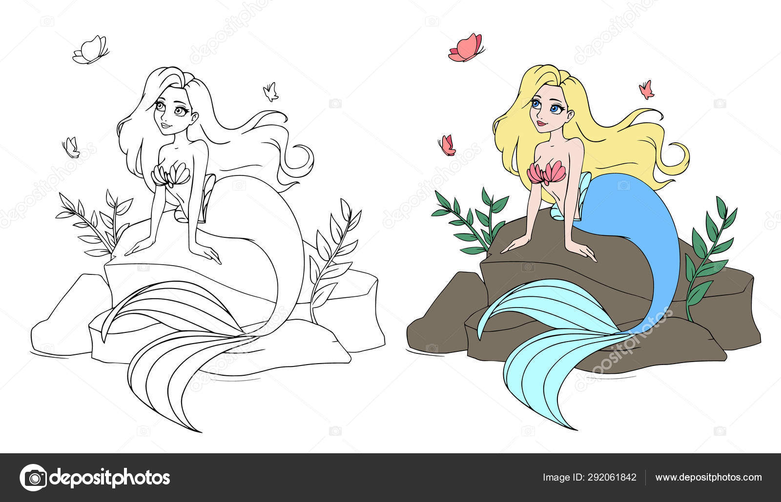 Cute Mermaid With Blonde Hair And Blue Tail Sitting On Stone