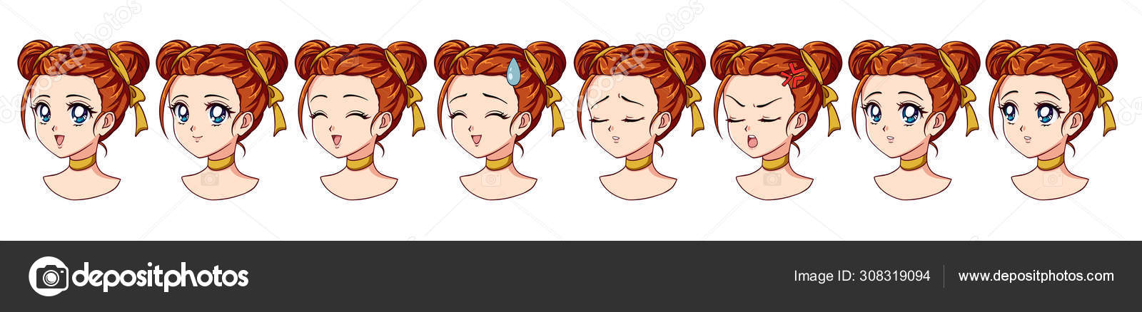 A Set Of Cute Anime Girl With Different Expressions Red Hair Big