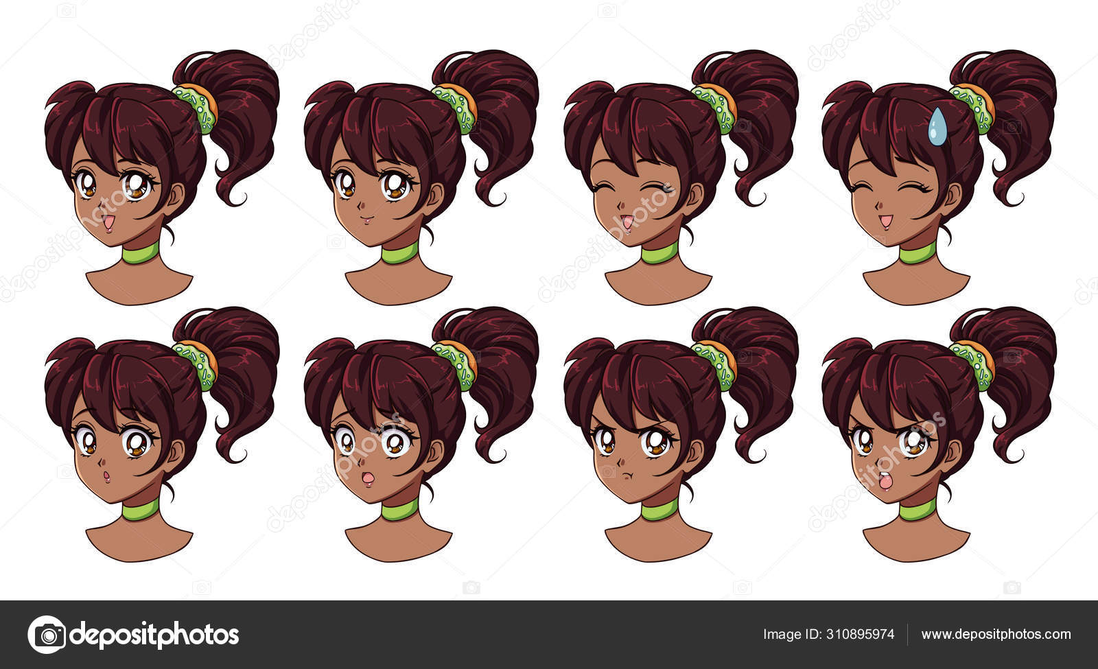 A Set Of Cute Anime Girl With Different Expressions Dark Hair