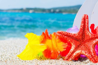 Deniz yıldızı ve yaz aylarında kum üzerinde hawaiian kolye