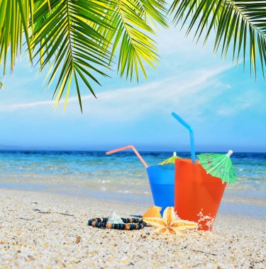 Sahilde bir palmiye ağacının altında kokteyller