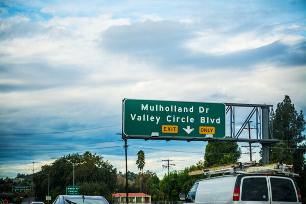 Mulholland drive exit sign in Los Angeles. Southern California, USA