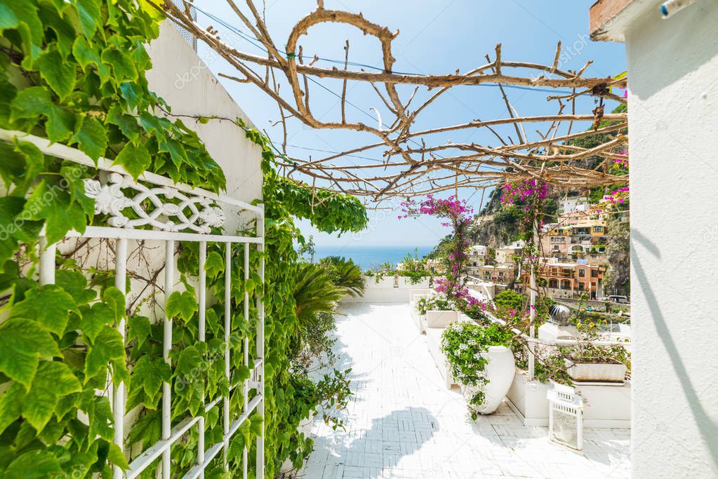 Beautiful terrace by the sea in world famous Positano. Amalfi coast, Italy. Unesco world heritage site