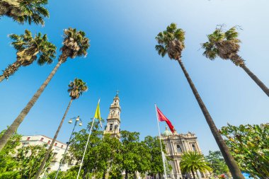 Güneşli bir günde palmiye ağaçlarıyla çevrili Pompei sığınak. Campania, İtalya