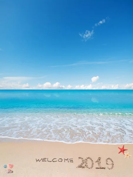 Agua Turquesa Arena Dorada Con Conchas Estrellas Mar Con Bienvenido —  Fotos de Stock