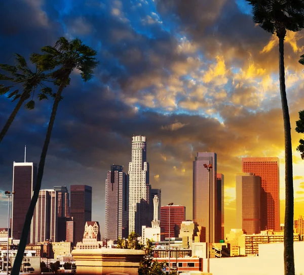 Palm Bomen Silhoeuttes Met Downtown Los Angeles Achtergrond Bij Zonsondergang — Stockfoto