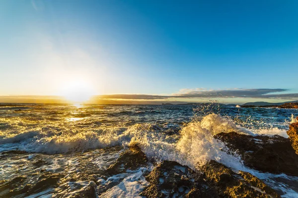 Waves Crashing Rocky Shore Sunset Sardinia Italy — Stock Photo, Image