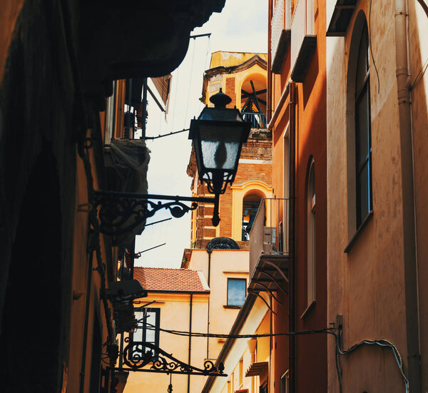 Sorrento Duomo seen through a narrow alley in old town. Campania, Italy