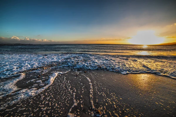 Písečné pobřeží pod jasnou oblohou při západu slunce — Stock fotografie