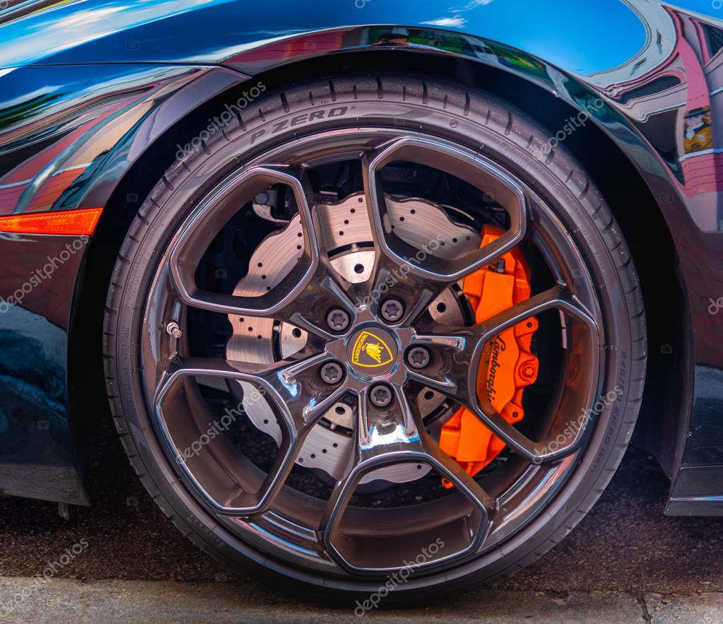 Miami, USA - February 21, 2019: Detail of a black Lamborghini Huracan wheel