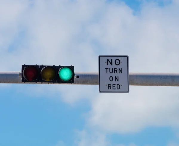 Traffic light and No Turn on Red sign under a cloudy sky