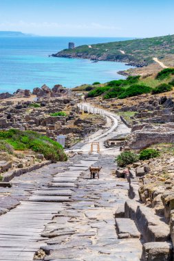 İlkbaharda Tharros arkeoloji sahasında yokuş aşağı. Sardunya, İtalya
