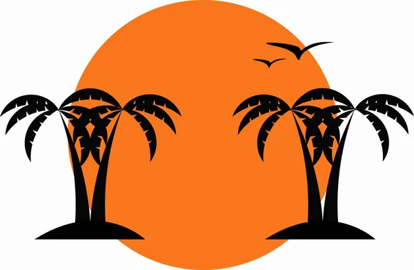 Stylizované Palmy Siluety Racci Oranžovým Sluncem Při Západu Slunce — Stock fotografie