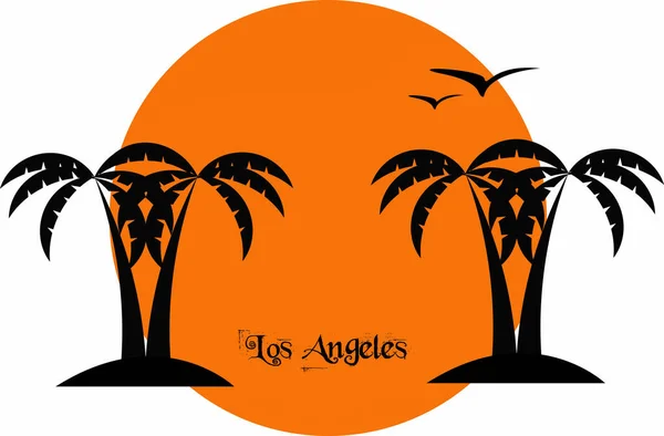 Stylizované Siluety Palem Racků Oranžové Slunce Při Západu Slunce Nápisem — Stock fotografie