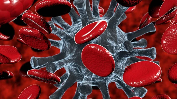 3D illustration of several blood cells and a virus