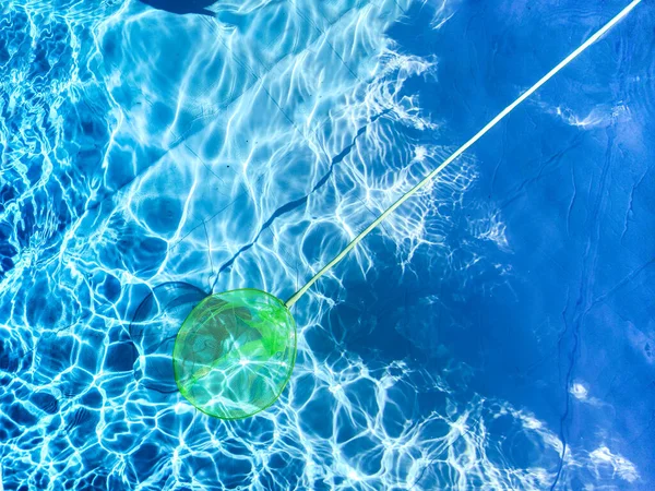 Green Cleaning Pool Net Surrounded Blue Water Seen Pool Net — Stock Photo, Image