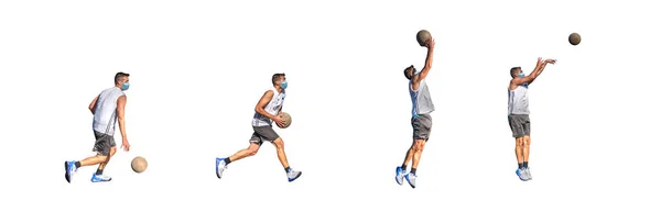 Four Basketball Players Virus Protection Mask Isolated White Background — Stock Photo, Image