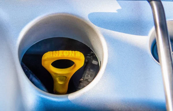 Close Yellow Dipstick Oil Car Engine — Stock Photo, Image
