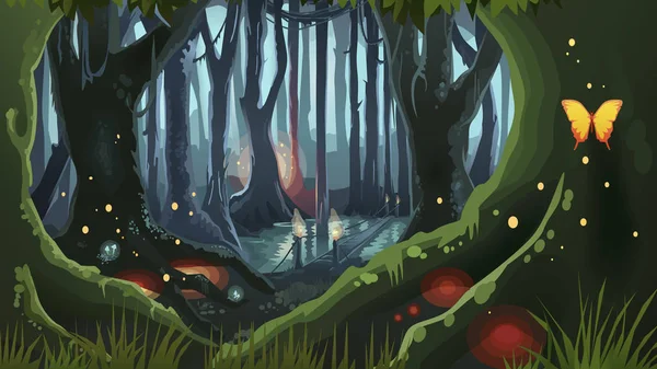 Fantasy Forest Illustration mörk natt magiska träd — Stockfoto