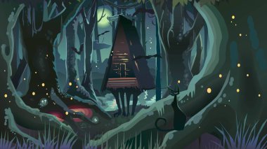 Fantezi Cadılar Bayramı orman illüstrasyon koyu gece cadı ağaçlar
