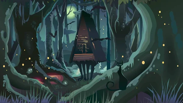 Fantaisie Halloween forêt illustration sombre nuit sorcières arbres — Image vectorielle