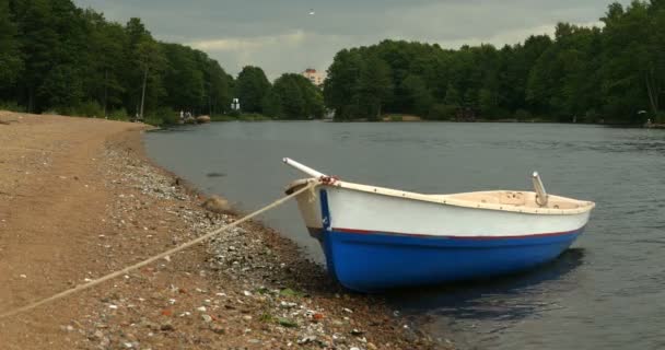 空の手漕ぎボートが結ばれた海の風景 — ストック動画