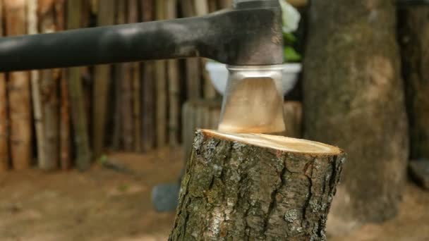 伐木工人砍木头用斧头特写 慢动作 — 图库视频影像