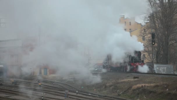 역사적인 기차는 연기의 구름에서 — 비디오