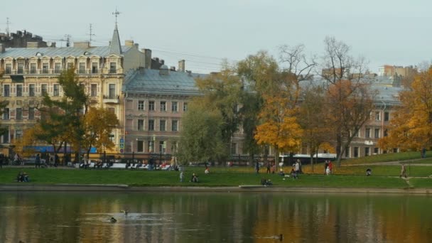Petersburg Ludzie Chodzą Piękny Jesienny Panorama Park — Wideo stockowe