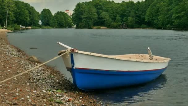 Rodd Båt Förtöjd Stranden Floden — Stockvideo