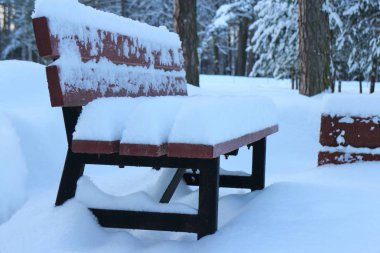 Ön planda derin karla kaplı bahçe tezgahı.