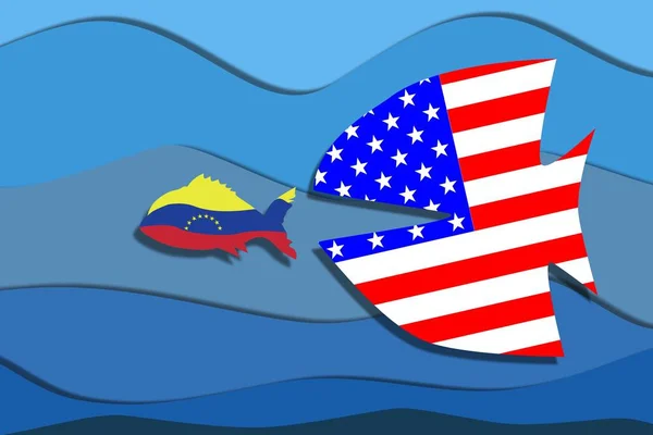 一条以委内瑞拉国旗的颜色出现的小鱼掉落 嘴里有一条巨大的掠夺性鱼 — 图库照片
