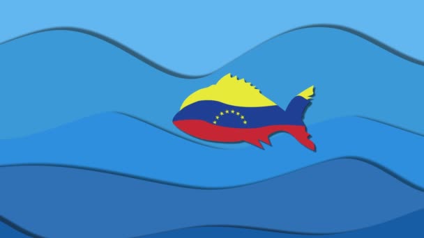 国旗上的小鱼委内瑞拉掉进了一条巨大的食肉鱼的嘴里 — 图库视频影像