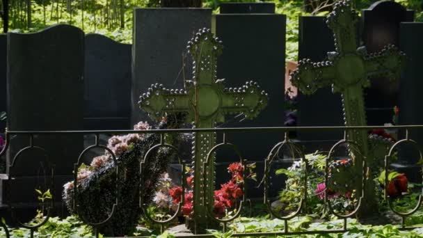 Wreaths Iron Grave Crosses Panorama Parent Saturday — Stock Video