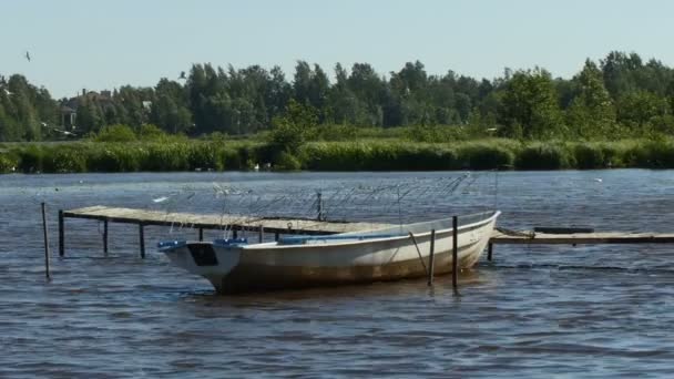 Barco Pesquero Vacío Amarrado Las Antiguas Pasarelas Orillas Pintoresco Lago — Vídeos de Stock