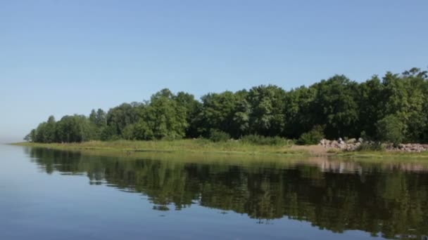 ボートから湖の穏やかな水に映る美しい森林景観 — ストック動画
