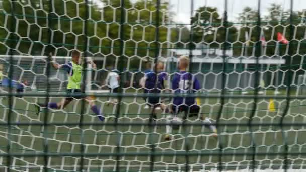 Soccer Game Soccer Player Scores Goal Ball Net — Stock Video