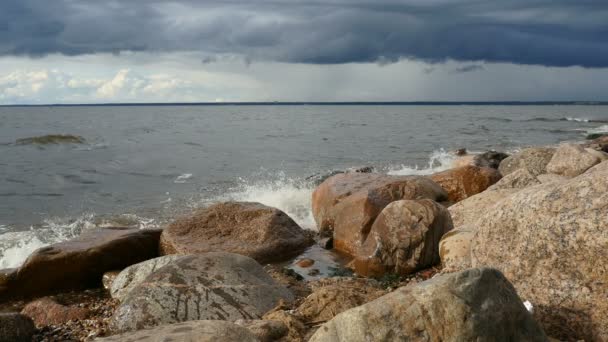 Lake Shore Large Boulders Foreground — Stock Video