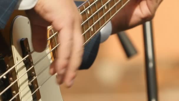 Music Hand Musician Playing Bass Guitar Close — Stock Video